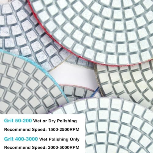 5 Inch Diamond Polishing Pads with 5/8’’-11 Hook & Loop Backing Pads, 10pcs Wet/Dry Concrete Polish Tools Kit for Drill, Grinder, Polisher, 50-3000 Grit Polishing Set for Marble Granite Quartz Stone