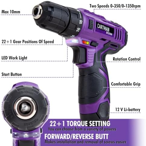 CARTMAN Purple 198-Piece 12V Cordless Drill Tool Combo Set