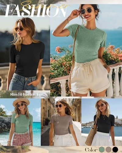 Ficerd 3 Pack Women's Ribbed Short Sleeve T-Shirts