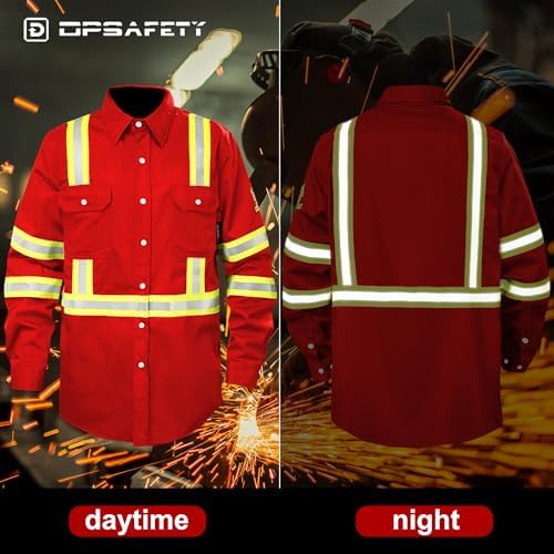 FR Shirts for Men 7oz High Visibility Fire Resistant Shirts CAT2 Welding Shirt 100% Cotton Hi Vis Flame Resistant Shirt Red(6X-Large)