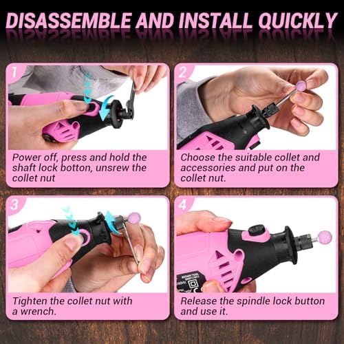 DEKOPRO Rotary Tool Kit, 1.5-Amp Corded Power Rotary Tools with 42" Flex Shaft, 6 Variable Speed, 8,000-35,000 RPM, 129 Pcs Accessories Kit for Cutting, Sanding, Grinding, Carving & DIY Projects Pink