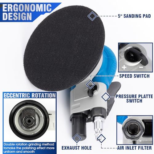 5" Air Sander Kit - Garage-Ready Dual Action Tool, Car Detailing & Woodworking Hero | Palm-Sized Power w/Free Tool Kits