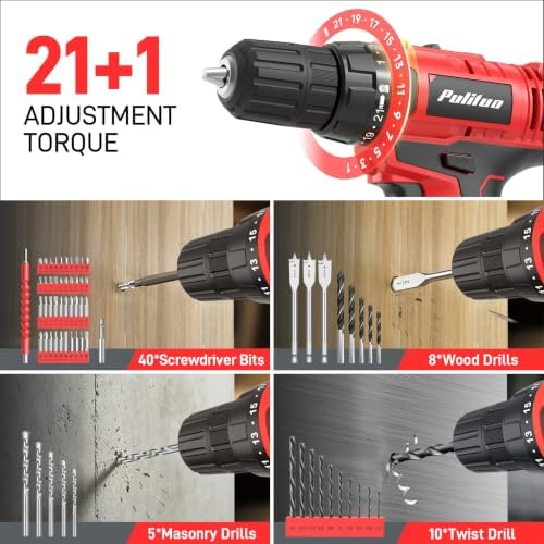 PULITUO Power Drill Tool Kit with 20V Cordless Drill/Driver, Electric Screwdriver, 2 Batteries & Charger, LED Light, 199-Piece Pink Home DIY Tool Set with Toolbox, Drill Set for Women & Men (Red)