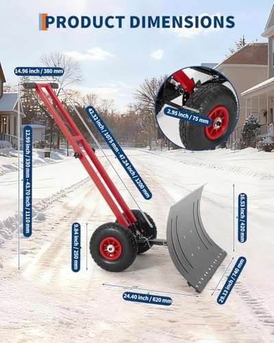 Wheeled Snow Shovel, 29"x16.5" Double-Rod Metal Snow Pusher Plow with 5-Angle Blade, Adjustable T-Handle and Rubber Wheels for Snow Removal from Driveways, Sidewalks & Doorways, Black & Red
