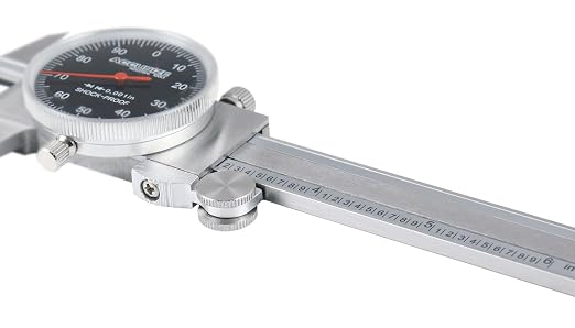 Accusize Industrial Tools 0-6" x 0.001" (Range x Resolution) Dial Caliper, Black Face Red Needle, Stainless Steel in Fitted Box, P920-B216 | 0-6" Range, 0.001" Resolution, Stainless Steel, Satin Chrome Finish, Covered Rack, P920-B216