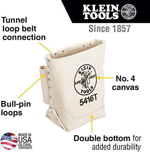 Klein Tools D201-7CSTA Linesman Pliers, Side Cutters with Spring Loaded Action & 5416T Tool Bag, Bull-Pin and Bolt Pouch, No. 4 Canvas with Tunnel Connection, 5 x 10 x 9-Inch