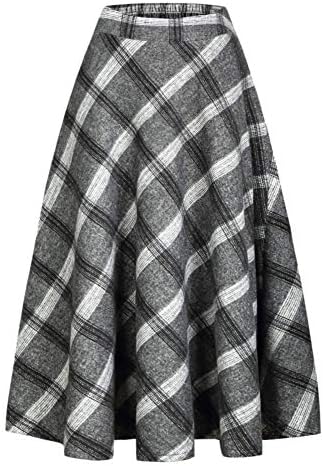 IDEALSANXUN Womens Plaid Wool Skirts Elastic Waist A-Line Pleated Tartan Long Skirts