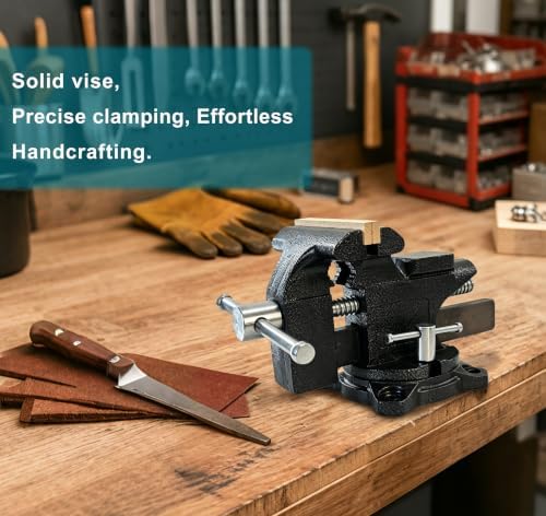 4.5 Inch Bench Vise, Heavy Duty Cast Steel Table Vice for Workbench, 270° Swivel Base Utility Vise with Hardened Jaws, Bolt-On Design for Woodworking, Metalworking, Home Garage