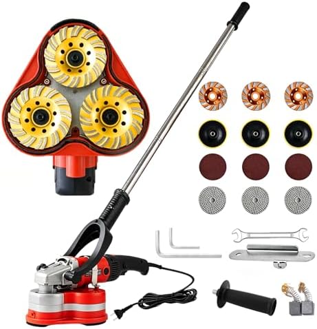 3-Head Electric Concrete Floor Grinder with Telescopic Rod, 6 Speed Diamond Polisher for Epoxy Removal, Cement, Stone, Granite, Metal Surface Grinding & Polishing (L)