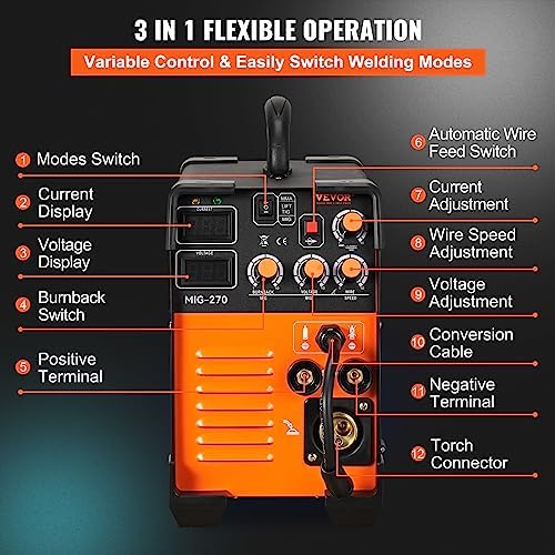 VEVOR MIG Welder 3-in-1 Welding Machine 270 Amp MIG Lift TIG Arc Welder
