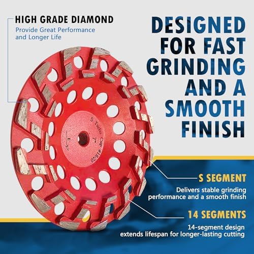 7" Diamond Grind Wheel 14 S Seg Concrete & Coating 5/8"-11 Threaded Arbor