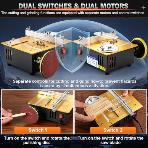 Mini table Saw,mini Table Saws for Crafts,Dual Motors & Switches,small table saw with adjustable cutting angle,depth,and speed,All-in-One Cutting/Grinding/SandingTool,Creat for Hobbyists Model Maker