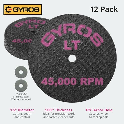 GYROS 1.5” Resin Cut-Off Wheels for Rotary Tools | 12 Double Fiberglass Reinforced Discs | For Wood, Plastic, Stone, Aluminum, Copper, Brass | Dremel Cutting Tool Accessory | Made in USA 11-32154/12