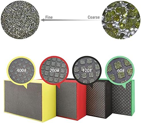 Diamond Hand Polishing Pad Diamond Sanding Block Foam Backed Diamond Sponge Sanding Pads for Wet or Dry Grinding polishing for Granite Marble Stone Tile Glass Ceramic (4, 60/120/200/400# Square)