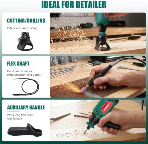 HYCHIKA 6 Variable Speed 8000-35000RPM Rotary Tool Kit 4 Attachment and 169 PCS Accessories, Ideal for a Variety of Crafting and DIY Projects Cutting, Sanding, Grinding, Polishing, Drilling, Engraving