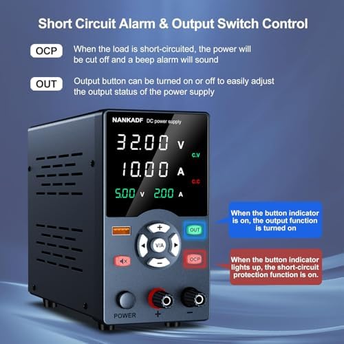 DC Power Supply, 30V 10A Variable Power Supply with Output Button, USB Fast Charging Port/USB Output Current Display, Bench Power Supply with OCP Short Circuit Alarm, Mute Mode