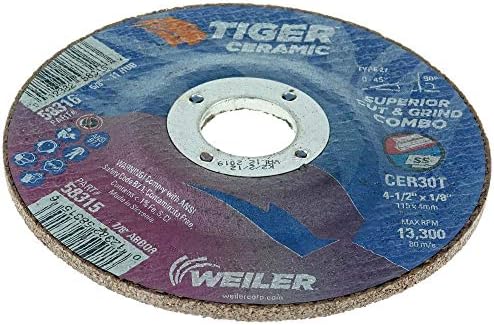 Weiler 58315 4-1/2 x 1/8 Tiger Ceramic Type 27 Cut Off/Grind Combo Wheel CER30T 7/8 A.H. (Pack of 25)