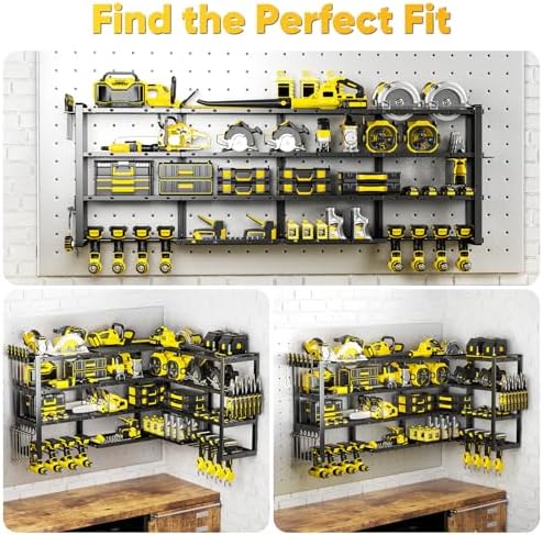 POKIPO Extra Large 64" W Power Tool Organizer Wall Mount, 1000 lbs Load Capacity, Heavy Duty 4 Tier Garage Storage Rack with 8 Drill Holders, 2 in 1 Corner or Straight Installation
