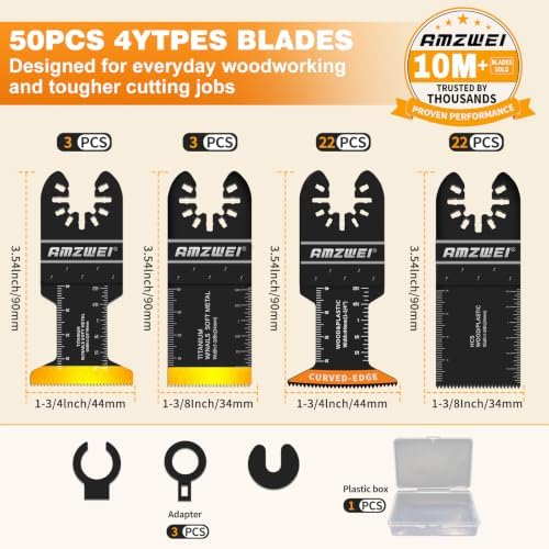 AMZWEI 50PCS Titanium Oscillating Tool Blades, Curved Edge Oscillating Saw Blades for Metal, Wood, Plastic, Quick Release Multi Tool Blades Compatible with Dewalt Milwaukee Ryobi Rockwell Fein