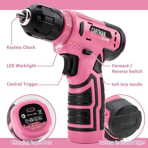 CARTMAN 150-Piece 8V Cordless Drill Hand Tool Set Pink Household Repair Kit