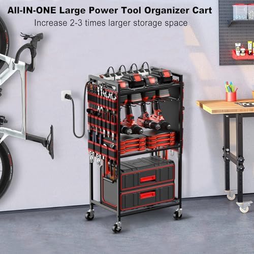 JUNNUJ Power Tool Organizer Cart with Charging Station, 10 FT Cord, Red