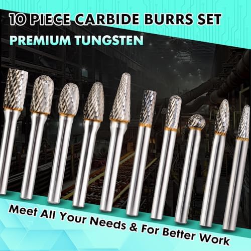 10 PCS 1/4" Shank Tungsten Carbide Burr Set Double Cut for Metal Grinding, Deburring Die Grinder Bits Fit Dewalt Milwaukee Die Grinders Accessories 1PC Mandrel & 5PC 3inch Cut Off Wheel
