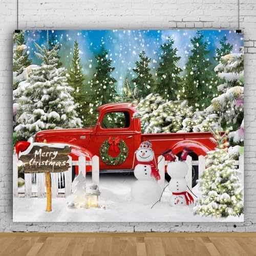 Winter Christmas Snowman Red Truck Backdrop 10x8ft Merry Christmas Winter Forest Photography Background Xmas Theme Party Decorations Studio Photo Booth Props