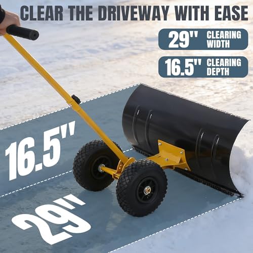 29" Push Snow Shovel with Wheels for Driveway, Heavy Duty Adjustable Angle Wheeled Snow Pusher Shovel, Metal Rolling Snow Pusher, Snow Plow Shovel on Wheels for Snow Removable
