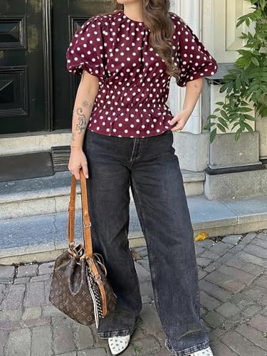 Cicy Bell Women Polka Dot Peplum Blouse Round Neck Puff Sleeve Summer Top