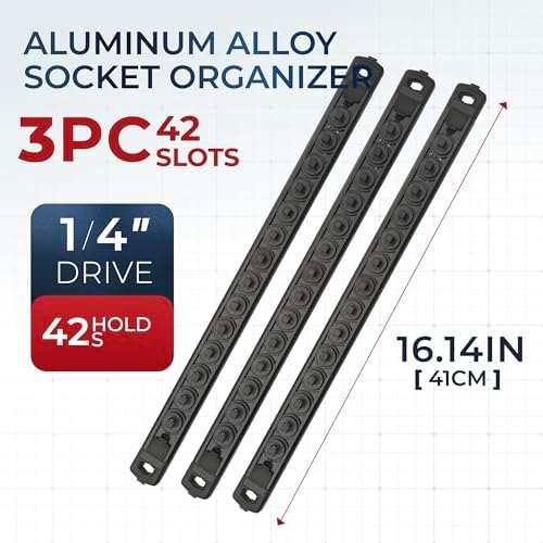 Reniteco Magnetic Socket Organizer Set, 3-Pack 1/4” Socket Rails | 42 Clips, Heavy-Duty Aluminum Alloy Rails, Removable 360° Swivel ABS Clips, Magnetic Base, Tool Box Drawer or Wall Mount