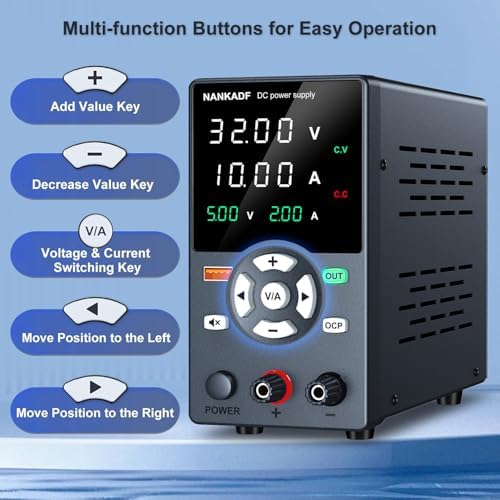 DC Power Supply, 30V 10A Variable Power Supply with Output Button, USB Fast Charging Port/USB Output Current Display, Bench Power Supply with OCP Short Circuit Alarm, Mute Mode