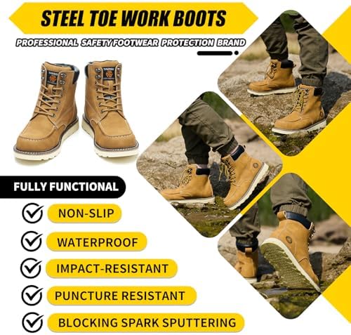 Steel Toe Boots for Men-6 Inch Moc Toe Safety Work Boots Non-Slip Resistant Indestructible Construction Western Boot Mens Steel Toes Shoes
