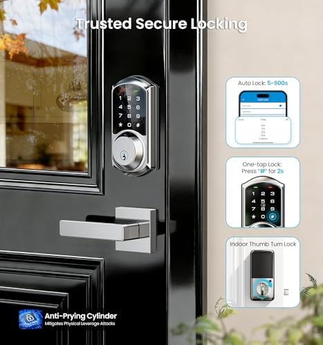 Veise VE06-L Smart Deadbolt Lock with 2 Lever Handle Set, Satin Nickel | App & Fob Control, Electronic Digital Touchscreen Keypad, Remote Access Sharing, Keyless Entry for Front Door, Auto Lock