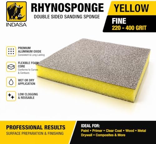 Indasa Rhyno Double Sided Sanding Sponge Pads – Aluminum Oxide, 4.75" x 3.75" x 1/2" – Flexible Foam Sanding Block (100 Pack) (Yellow – Fine (220–400 Grit))