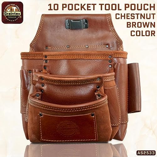 Graintex Ambassador Series 10 Pocket Framers Professional Nail & Tool Pouch Durable and Versatile Genuine Top Grain Leather for Framers, Constructors, Electricians, Plumbers, Handyman