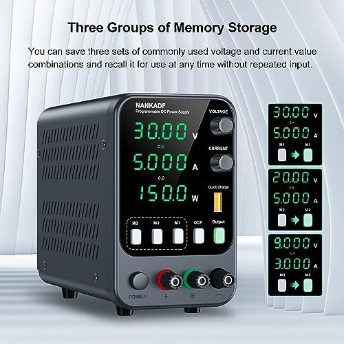 DC Power Supply, 30V 5A Bench Power Supply with Memory Storage & Recall，Variable Power Suppy with Encoder Adjustment Knob, 5V/3.6A USB Quick-Charge & OCP Short Circuit Alarm