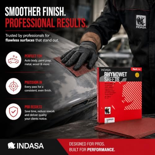 INDASA Rhynowet Red Line Wet Dry Sanding Sheets 9 x 11 Inch 400 Grit Waterproof Latex Backing Abrasive Paper for Wood Metal Automotive Surface Prep Pack of 50