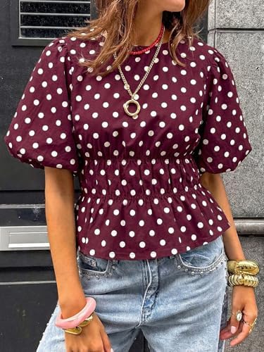 Cicy Bell Women Polka Dot Peplum Blouse Round Neck Puff Sleeve Summer Top