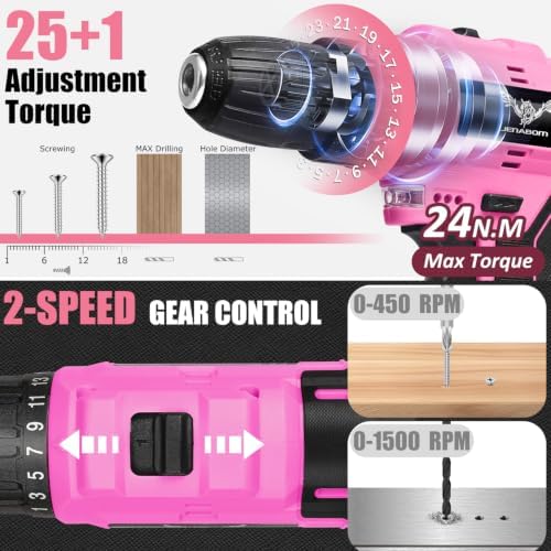 JENABOM Drill Set, 151-Piece Home Tool Set with 12V Pink Cordless Drill