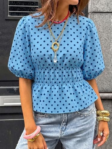 Cicy Bell Women Polka Dot Peplum Blouse Round Neck Puff Sleeve Summer Top