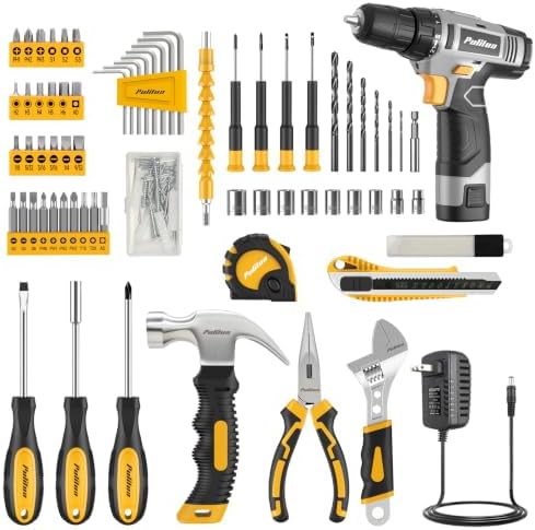 PULITUO 12V Yellow Cordless Drill Set, 149-Piece Home Tool Kit with Electric Drill Driver & Storage Tool Box, for Home Repair, Improvement, DIY Projects, Men Women & DIY Enthusiasts