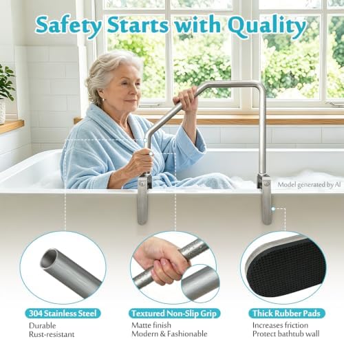 Bathtub Rail Safety Grab Bar, Clamp on Tub Handles for Seniors, Adjustable Bath Tub Rails for Elderly Adults Support Bars Shower No Drill, Handicap Bathtub Helper Railing for Side of Tub