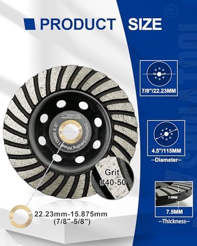 SHDIATOOL 4-1/2 Inch Turbo Row Diamond Grinding Cup Wheel for Concrete Granite Marble Masonry Brick Fits 7/8 Inch-5/8 Arbor Grit40/50