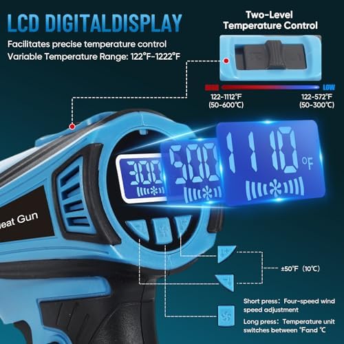 Cordless Heat Gun for Makita 18V Battery Users – 122°F~1112°F Variable Temp, LCD Display, 4 Nozzles, Hands-Free Lock | Ideal for Vinyl Wrap, Shrink Tubing & DIY Projects (Tool Only, Not by Makita)