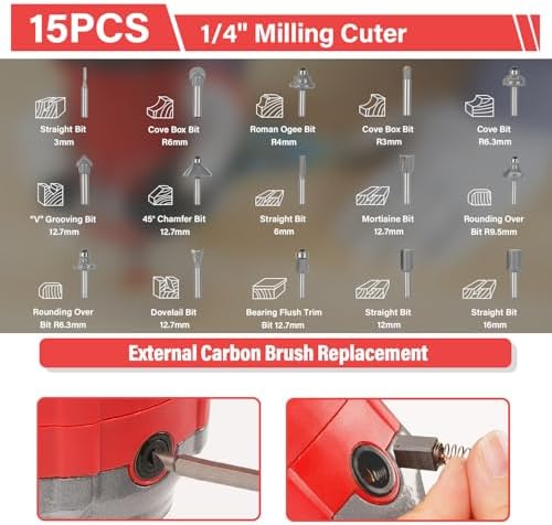 TEENO Wood Router, 6.5 Amp 1.25 HP Compact Router Tools for Woodworking, 13000-33000 RPM Hand Trim Router with 15pcs 1/4" Bits Set, 6 Variable Speeds, Edge Guide, Roller Guide