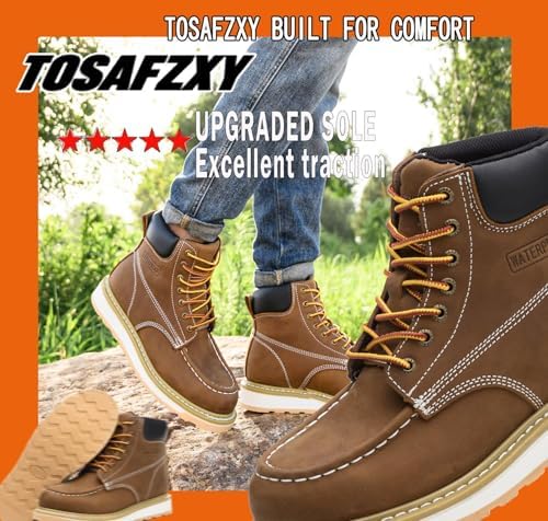 Work Boots for Men 6" Steel Toe Wedge Sole Waterproof Safety Boots