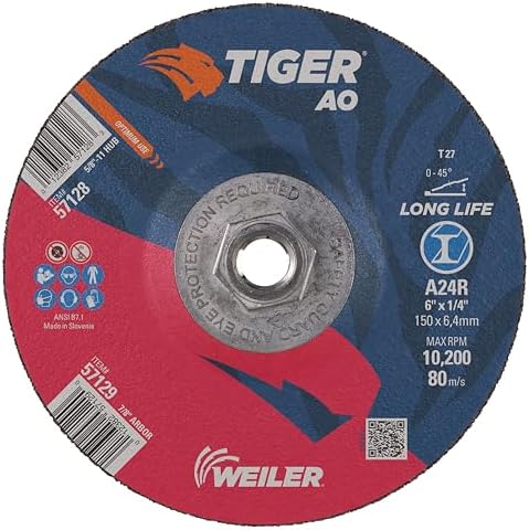 Weiler 57128 Tiger 6" Grinding Wheel, Type 27, 1/4" Thick, A24R, 5/8"-11 UNC Nut (Pack of 10)