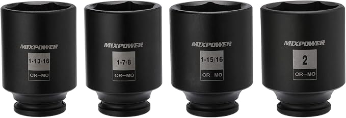 MIXPOWER 1/2-Inch Drive Deep Impact Socket Set, Inch, Cr-Mo, 6 Point, 1-13/16",1-7/8", 1-15/16", 2", 4-Pieces 1/2" Dr. Spindle Axle Nut Impact Socket Set, Impact Grade