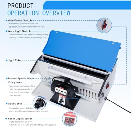 110V 1200W Jewelry Polisher Machine with Digital Display, Jewelry Polisher Bench Buffer with Integrated Dust Collector, Exhaust Fan, Work Light and Motor Housing