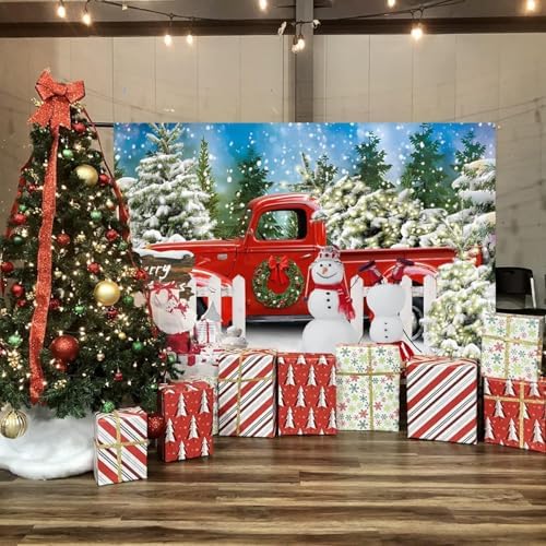Merry Christmas Backdrop 20x10ft Winter Christmas Snowman Red Truck Backdrop Winter Forest Photography Background Xmas Theme Party Decorations Studio Photo Booth Props